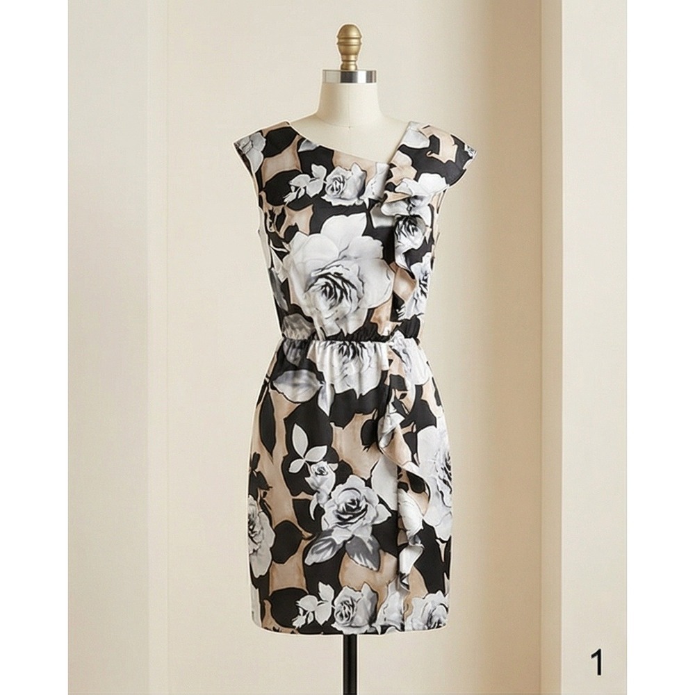 White House Black Market 10 Silk Floral Ruffle Sheath Dress Black Tan White